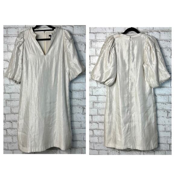 Ann Taylor Dress Shimmer Puff Sleeve Mini Sheath White Silver NEW NWT 2 T Tall - Picture 2 of 8